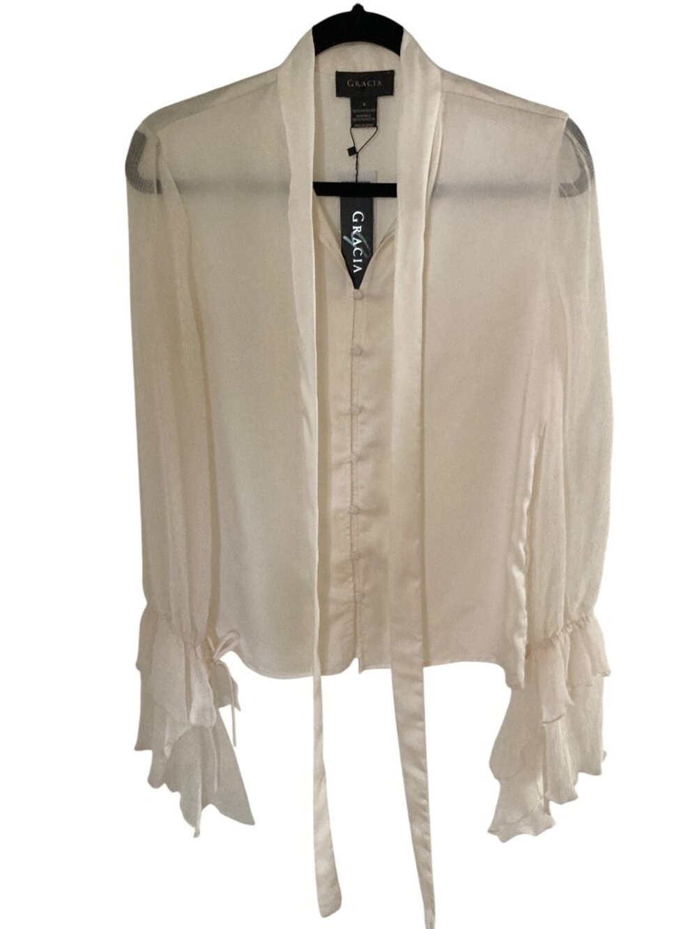 Garcia Women's Ivory Satin Button Down Front Tie Multi Tiered Sleeves Varies NWT